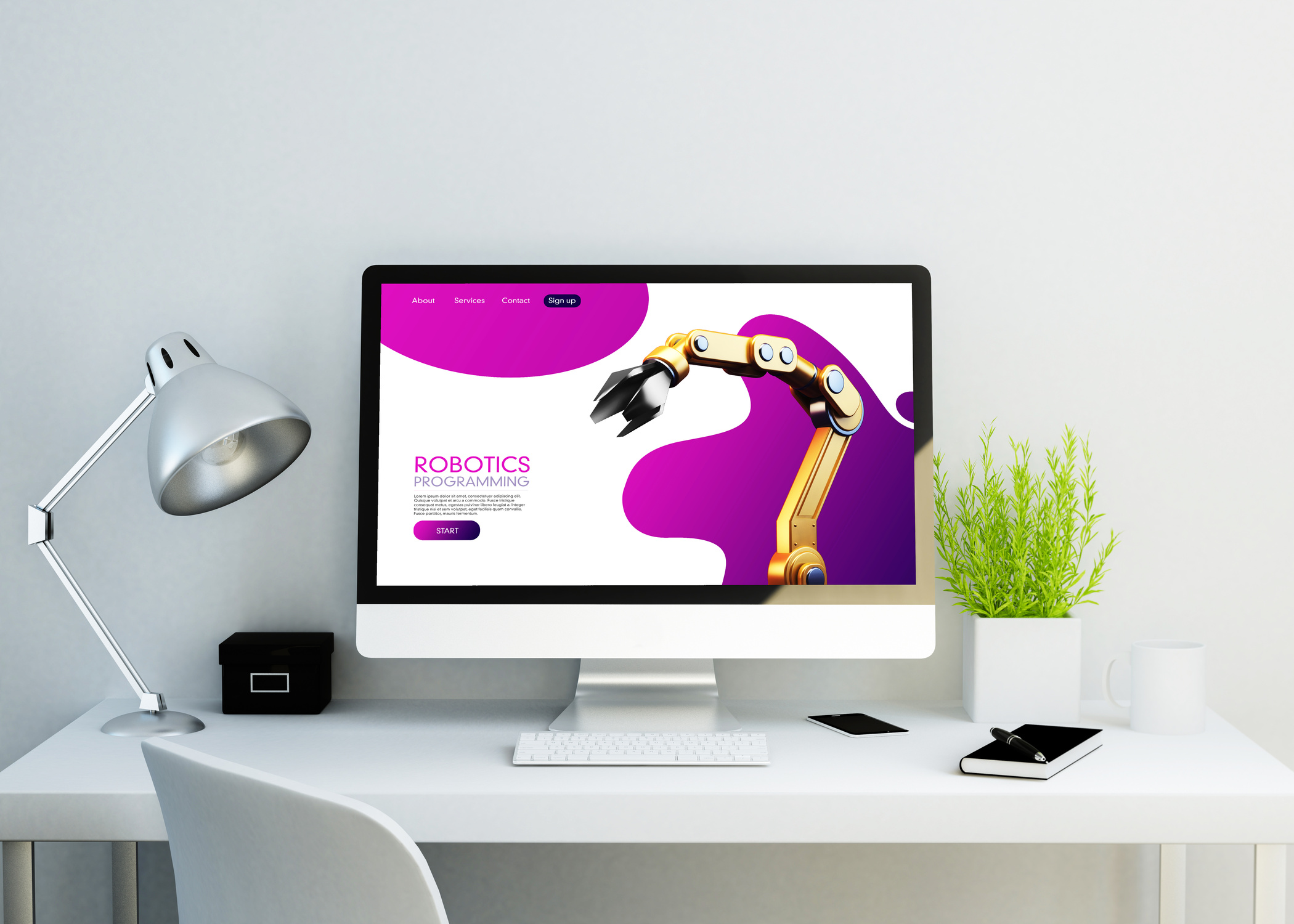 modern clean workspace with robotics design website on screen